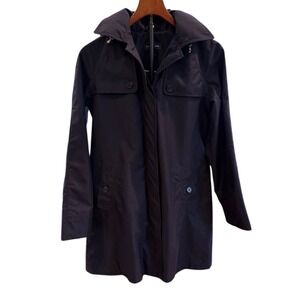 Lands End Women NAVY Blue Hooded Cropped Trench Coat Jacket XS (2-4)